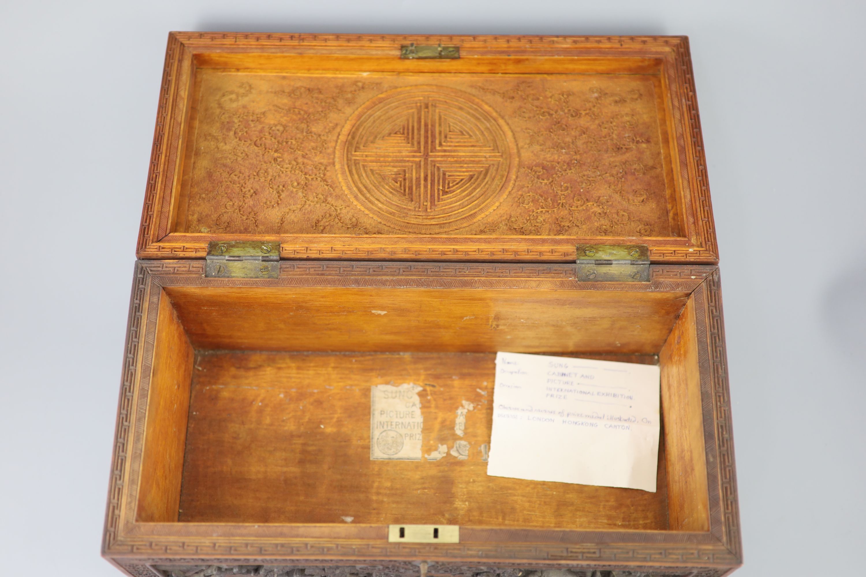 A large Chinese carved sandalwood box, 19th century, 40.5cm wide, Provenance - A. T. Arber-Cooke